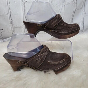 Michael Kors Womens 8.5 Studded Leather Brown Heel Mules Slip On Clogs Platform